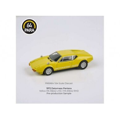 PRE-ORD3R Para64 Modeliukas 1/64 1972 De Tomaso Pantera, yellow Left hand drive (cars in a deluxe Acrylic window box)