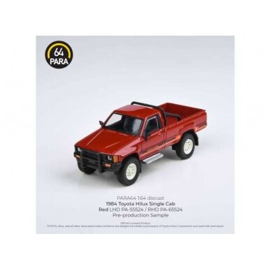 PRE-ORD3R Para64 1/64 1984 Toyota Hilux Single Cab, red left hand drive.As seen in the Top G (cars in a deluxe Acrylic window box)