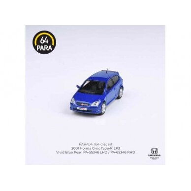 PRE-ORD3R Para64 Modeliukas 1/64 2001 Honda Civic Type R EP3, blue left hand drive (cars in a deluxe Acrylic window box)