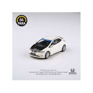 PRE-ORD3R Para64 Modeliukas 1/64 2007 Honda Civic Type R FN2, white/carbon hood left hand drive (cars in a deluxe Acrylic window box)