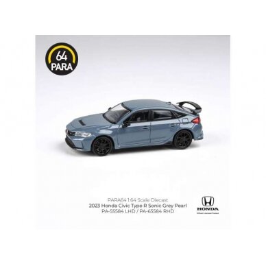 PRE-ORD3R Para64 Modeliukas 1/64 2023 Honda Civic Type R, sonic grey pearl left hand drive (cars in a deluxe Acrylic window box)