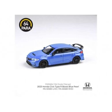 PRE-ORD3R Para64 Modeliukas 1/64 2023 Honda Civic Type R, boost blue pearl right hand drive (cars in a deluxe Acrylic window box)