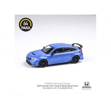 PRE-ORD3R Para64 Modeliukas 1/64 2023 Honda Civic Type R, boost blue pearl left hand drive (cars in a deluxe Acrylic window box)