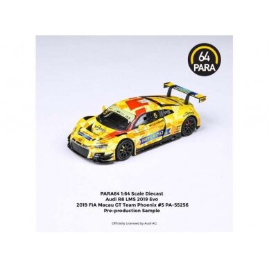 PRE-ORD3R Para64 Modeliukas 2019 Audi R8 LMS EVO #5 Phoenix Racing Fia Macau GT, yellow/red (cars in a deluxe Acrylic window box)