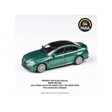 PRE-ORD3R Para64 2020 BMW M3 G80 *Right Hand Drive*, isle of man green (cars in a deluxe Acrylic window box)