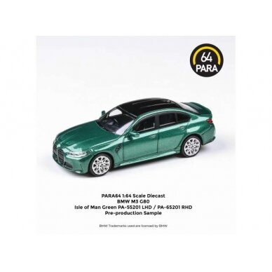 PRE-ORD3R Para64 Modeliukas 2020 BMW M3 G80 *Right Hand Drive*, isle of man green (cars in a deluxe Acrylic window box)