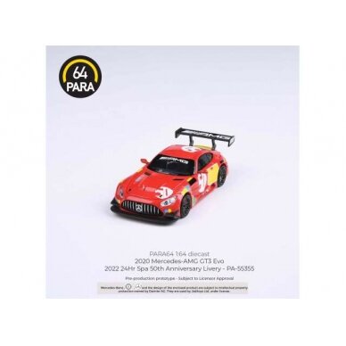 PRE-ORD3R Para64 Modeliukas 2022 Mercedes AMG GT3 Evo 24H Spa 50yth anniversary, red/yellow (cars in a deluxe Acrylic window box)