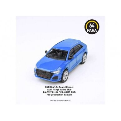 PRE-ORD3R Para64 Modeliukas Audi RS Q8 *Right Hand Drive*, blue (cars in a deluxe Acrylic window box)