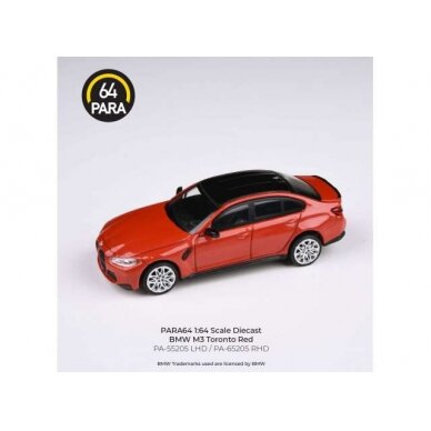 PRE-ORD3R Para64 Modeliukas BMW M3 G80 *Right Hand Drive*, Toronto Red (cars in a deluxe Acrylic window box)