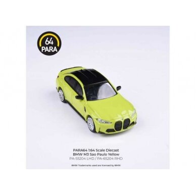 PRE-ORD3R Para64 Modeliukas BMW M3 G80 *Right Hand Drive*, Sao Paulo Yellow (cars in a deluxe Acrylic window box)