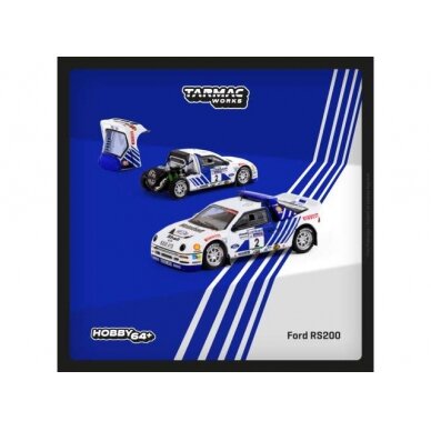 PRE-ORD3R Tarmac Modeliukas 1/64 1986 Ford RS200 Lombard RAC Rally #2 Stig Blomqvist/Bruno Berglund, white/blue