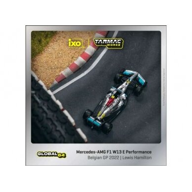 Tarmac Modeliukas 1/64 2022 Mercedes AMG F1 W13 EQ Performance #44 Lewis Hamilton Belgian Grand Prix, silver/turquoise