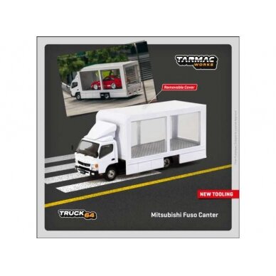 PRE-ORD3R Tarmac Modeliukas 1/64 Mitsubishi Fuso Canter Mobile Display Truck, white