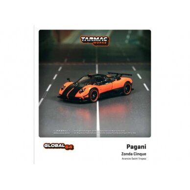 PRE-ORD3R Tarmac Modeliukas 1/64 Pagani Zonda Cinque Arancio Saint Tropez, orange/black