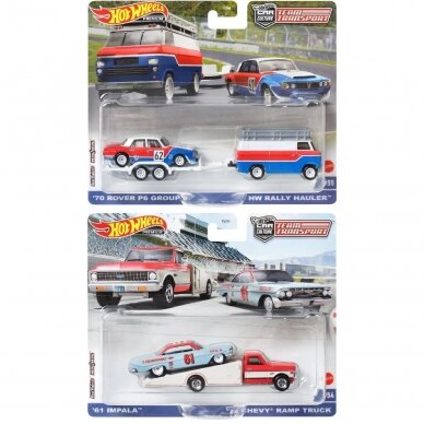 Hot Wheels Premium Team Transport Modeliukas ’70 Rover P6 Group 2 / HW Rally Hauler + ’61 Impala / ’72 Chevy Ramp Truck (yra sandėlyje)