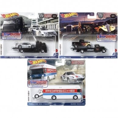 Hot Wheels Premium Team Transpport ’97 Mercedes-Benz CLK-GTR / Fleet Street + Porsche 959 (1986) / Euro Hauler  +  ’33 Willys / Speed Waze