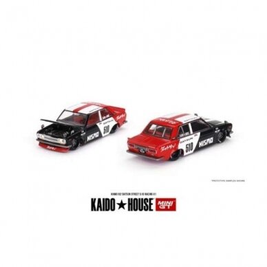 Mini GT Kaido House Modeliukas Datsun Street 510 Racing V1 *Kaido House*, black/white/red (yra Sandėlyje)