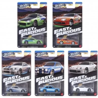 PRE-ORDER Hot Wheels Mainline Brian O`Conner Fast and Furious 2024 Modeliukų rinkinys (1995 Mitsubishi Eclipse,Toyota Supra,Nissan Skyline BNR34,Ford Escort RS1600)