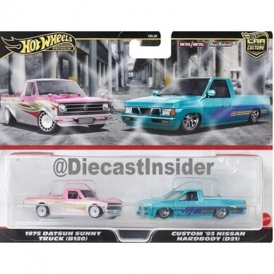 Hot Wheels Premium 2-pack Modeliukas ’75 Datsun Sunny Truck (B120) / Custom ’93 Nissan Hardbody (D21) (yra Sandėlyje)