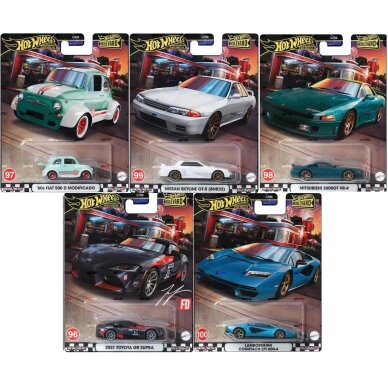 Hot Wheels Premium Boulevard Series Modeliukų rinkinys (979V) (21 Toyota GR Supra,Fiat 500 D Modificado,Mitsubishi 3000GT,Skyline GT-R BNR32,Lamborghini Countach) (yra Sandėlyje)