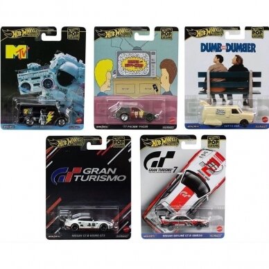 Hot Wheels Premium Pop Culture Modeliukų rinkinys (Dumb & Dumber, Nissan GT-R, Buthead, MTV, Nissan Skyline BNR34)