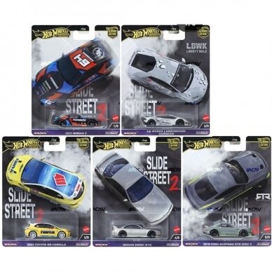 Hot Wheels Premium Slide Street 2 2024 Modeliukų rinkinys (2023 Toyota Corolla,Nissan 240SX S14,Lamborghini Huracan,2018 Ford Mustang RTR,2023 Nissan 400Z)