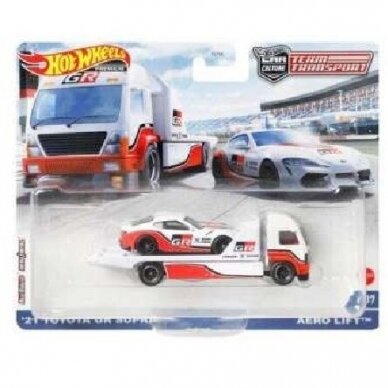 Hot Wheels Premium Team Transport 2021 Toyota GR Supra & Aero Lift Truck, white/red/black