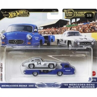 Hot Wheels Premium Team Transport Modeliukas Mercedes-Benz 300 SL & ’55 Mercedes-Benz Blaues Wunder (yra Sandėlyje)