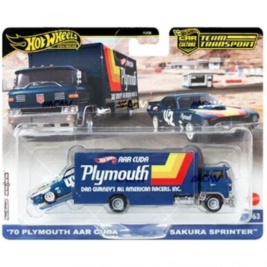 Hot Wheels Premium Team Transport Modeliukas Sakura Sprinter Truck & 1970 Plymouth AAR Cuda (yra Sandėlyje)