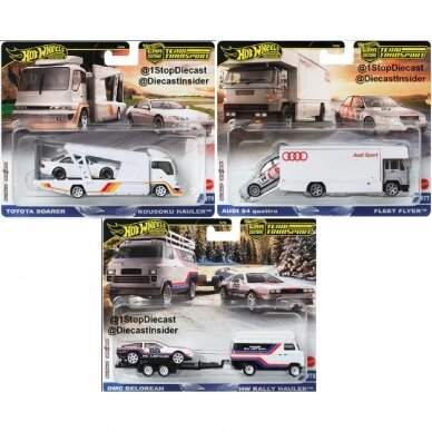 PRE-ORDER Hot Wheels Premium Team Transport Modeliukų rinkinys (Toyota Soarer,Japan Double Decker,Audi S4 Quattro,DeLorean DMC12 & Rally Van)