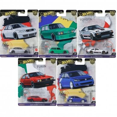 Hot Wheels Premium World Tour Car Culture Modeliukų rinkinys (Volkswagen Golf MK7,Alfa Romeo GTV 6,Audi S4 Quattro,Volkswagen Brasilia,1982 Toyota Supra) (yra Sandėlyje)