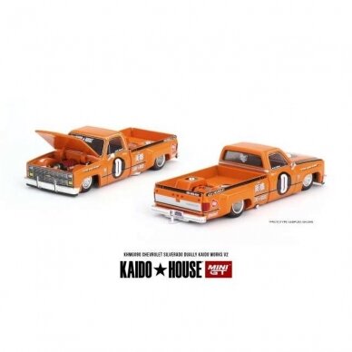 Mini GT Kaido House Modeliukas Chevrolet Silverado Dually KAIDO WORKS V2, orange (yra Sandėlyje)