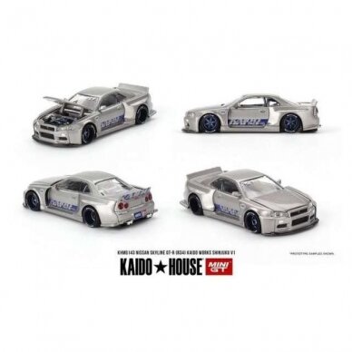 PRE-ORDER Mini GT Modeliukas 1999 Kaido House Nissan Skyline GT-R (R34) Shinjuku V1, silver/blue