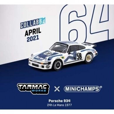 Tarmac Works Modeliukas Porsche 934 #58 24h Le Mans 1977, blue/white (yra sandėlyje)