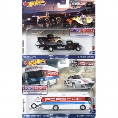 Hot Wheels Premium Team Transpport Porsche 959 (1986) / Euro Hauler + ’33 Willys / Speed Waze